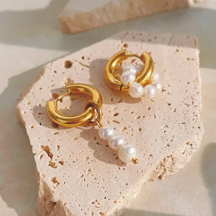 Earrings Refined by AnnaKaci Asymmetrical Pearl Beaded Gold Dangle Earrings