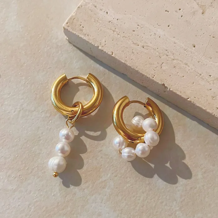 Earrings Refined by AnnaKaci Asymmetrical Pearl Beaded Gold Dangle Earrings