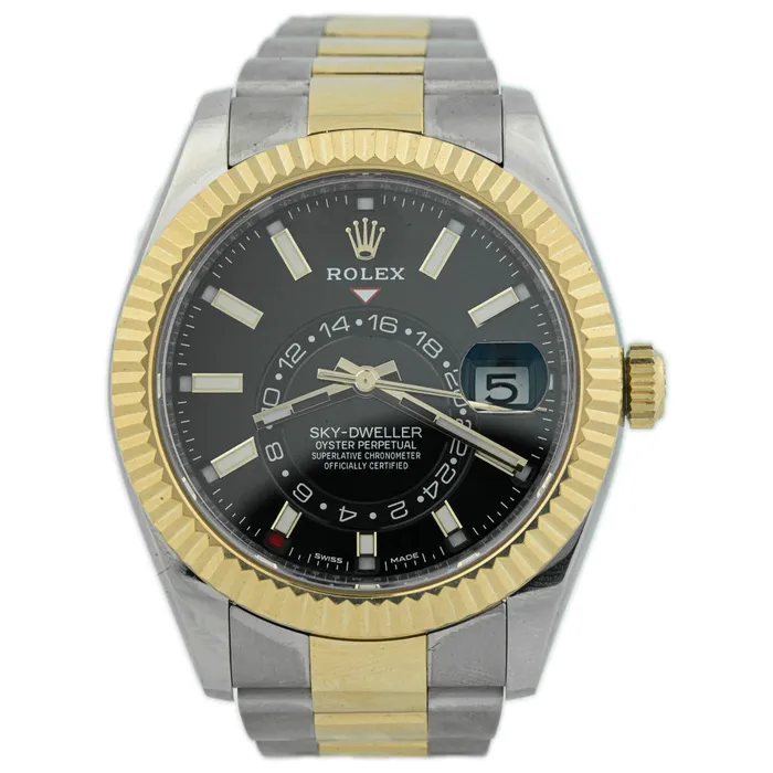 Happy Jewelers Earrings Rolex Mens SkyDweller 18K Yellow Gold Steel 42mm Black Stick Dial Watch Reference 326933 Happy Jewelers Earrings Rolex Mens SkyDweller 18K Yellow Gold Steel 42mm Black Stick Dial Watch Reference 326933