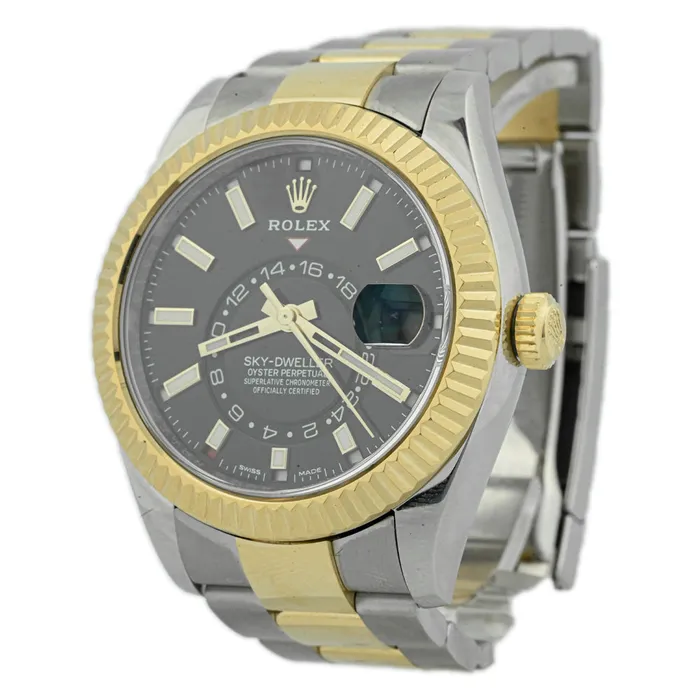 Happy Jewelers Earrings Rolex Mens SkyDweller 18K Yellow Gold Steel 42mm Black Stick Dial Watch Reference 326933