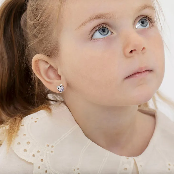 Hoot CZ Owl Baby Toddler Kids Earrings Screw Back Sterling Silver Kids Screw Back Earrings Earrings