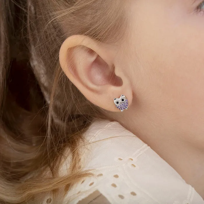 Hoot CZ Owl Baby Toddler Kids Earrings Screw Back Sterling Silver Kids Screw Back Earrings Earrings