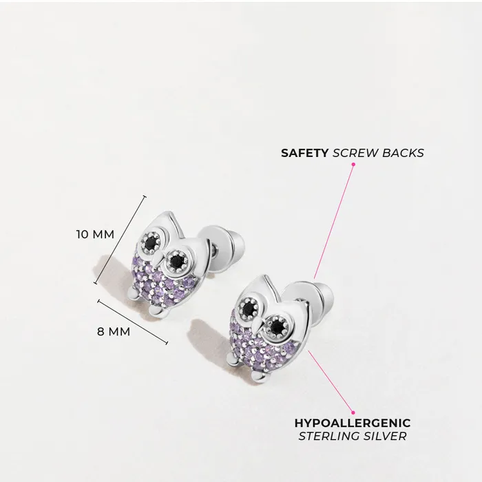 Hoot CZ Owl Baby Toddler Kids Earrings Screw Back Sterling Silver Kids Screw Back Earrings Earrings