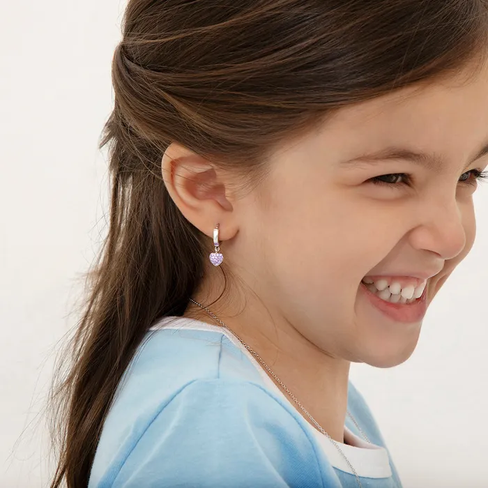 Kids Hoop Earrings Earrings Pave Puffed Heart 8mm Kids Childrens Girls Earrings HoopHuggie Safety Latch Sterling Silver