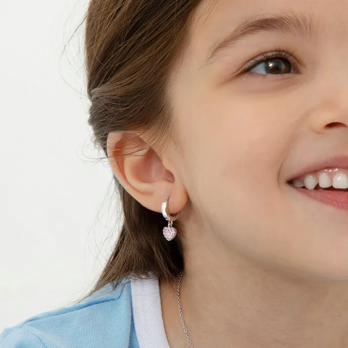 Kids Hoop Earrings Earrings Pave Puffed Heart 8mm Kids Childrens Girls Earrings HoopHuggie Safety Latch Sterling Silver