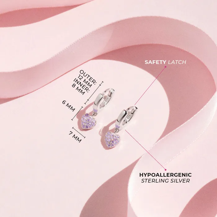 Kids Hoop Earrings Earrings Pave Puffed Heart 8mm Kids Childrens Girls Earrings HoopHuggie Safety Latch Sterling Silver