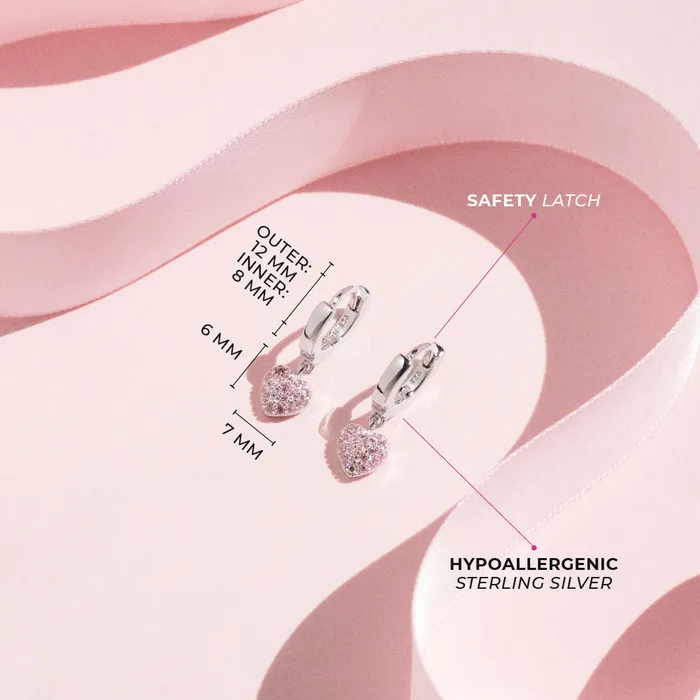 Kids Hoop Earrings Earrings Pave Puffed Heart 8mm Kids Childrens Girls Earrings HoopHuggie Safety Latch Sterling Silver