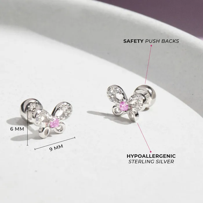 Kids Stud Earrings Earrings Jeweled Petite Butterfly Baby Toddler Kids Earrings Safety Push Back Sterling Silver