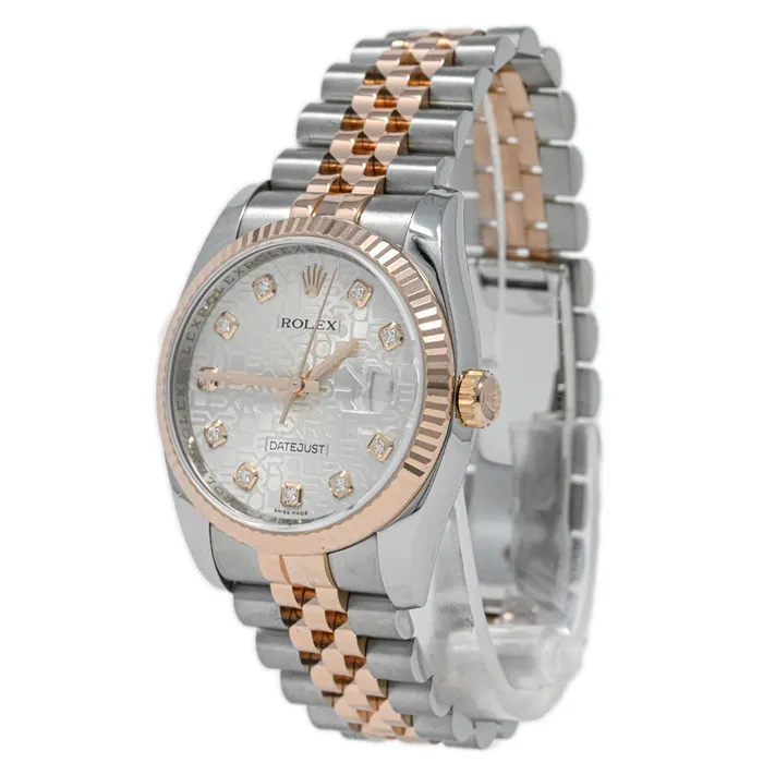 Rolex Datejust 36mm Rose Gold Stainless Steel Pink Jubilee Diamond Dial Watch Reference 116231 Happy Jewelers Earrings