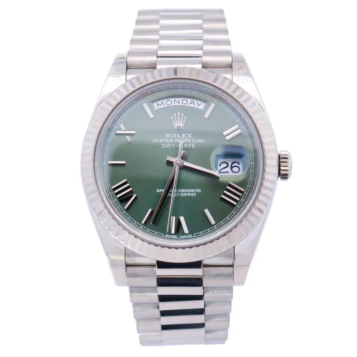 Rolex DayDate White Gold 40mm Olive Roman Dial Watch Reference 228239 Happy Jewelers Watches Rolex DayDate White Gold 40mm Olive Roman Dial Watch Reference 228239 Happy Jewelers Watches