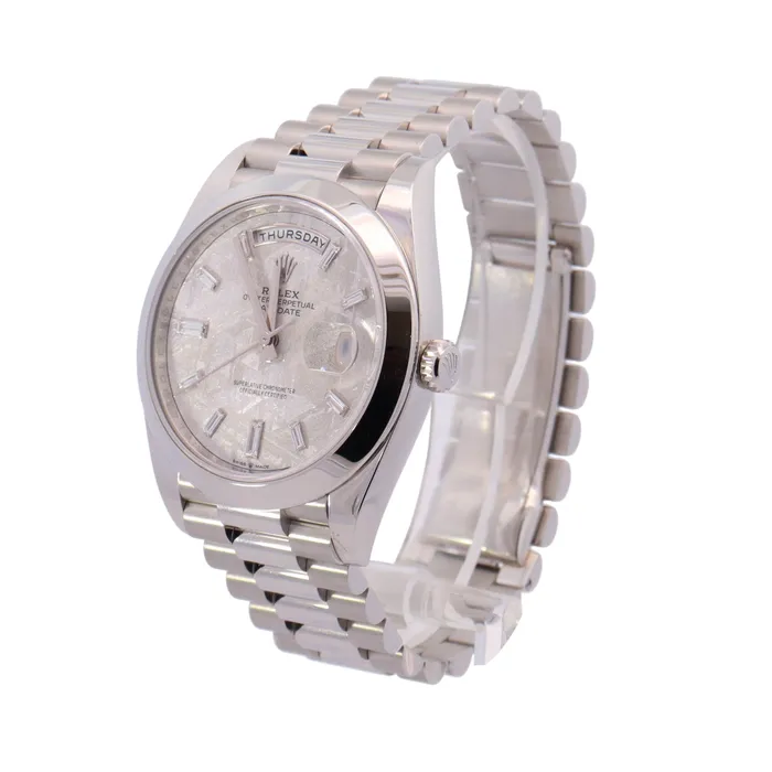 Watches Happy Jewelers Rolex Day Date Platinum 40mm Factory Meteorite Diamond Baguette Dial Watch Reference 228206