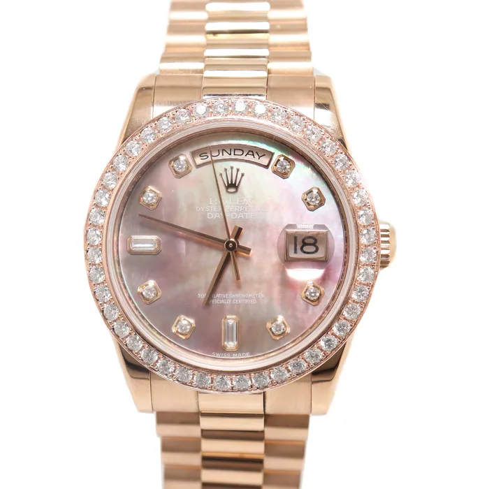 Watches Rolex DayDate Rose Gold 36mm MOP Diamond Dial Watch Reference 118205 Happy Jewelers