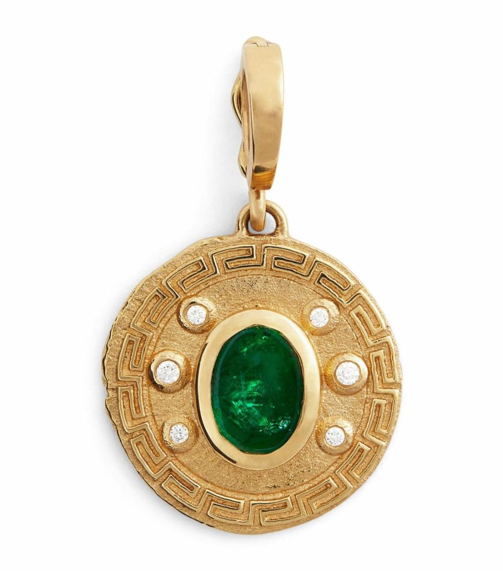 Small Yellow Gold, Diamond And Emerald Greek Pattern Coin Charm  |  Fine Charms Fine Charms Fine Charms