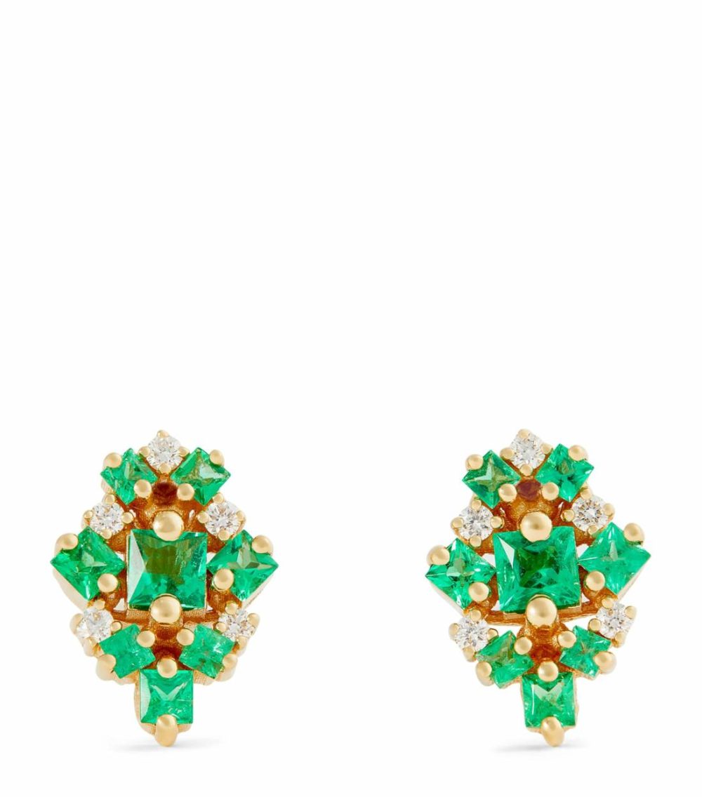 Yellow Gold, Diamond And Emerald La Fantaisie Stud Earrings  |  Fine Earrings Fine Earrings Fine Earrings